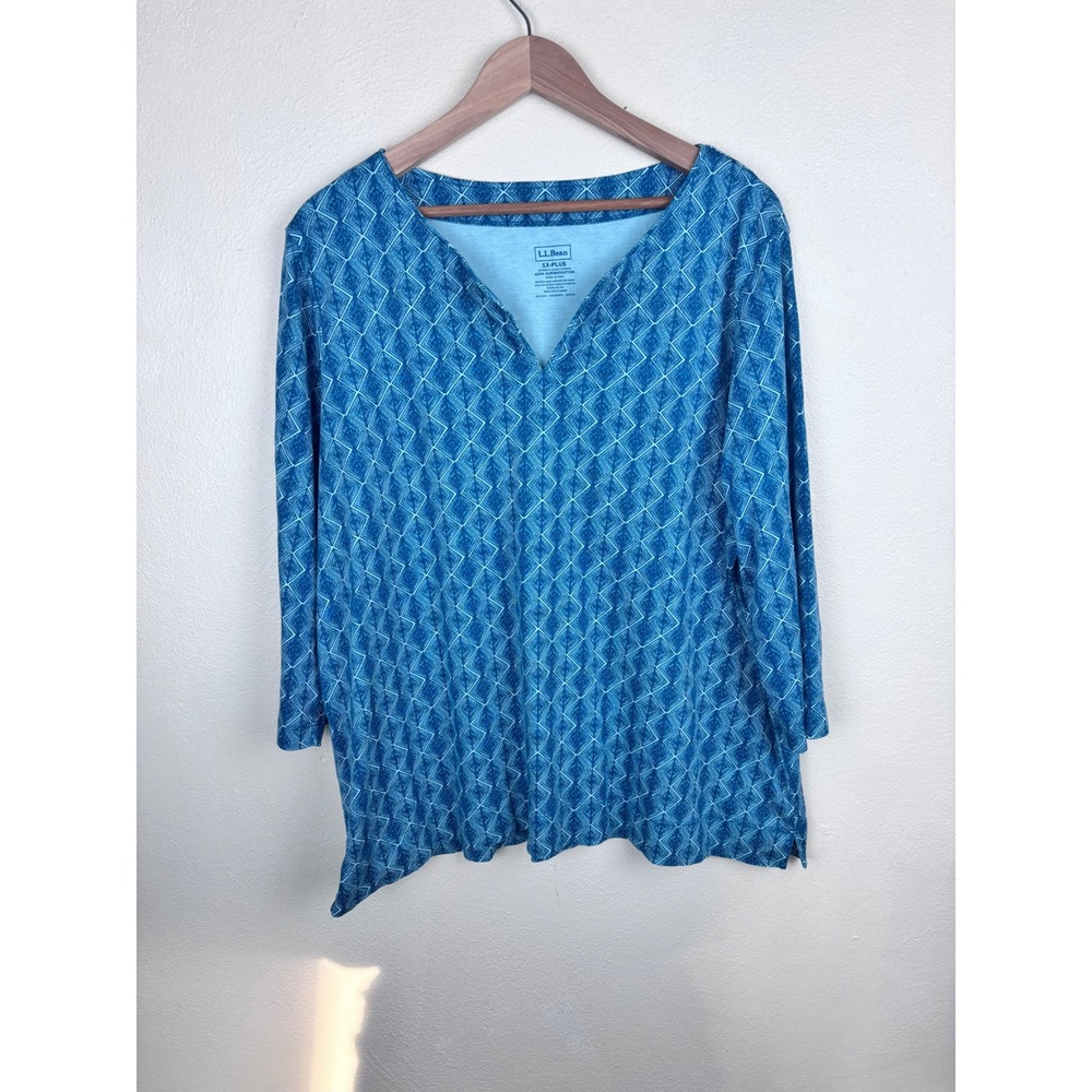 L.L.Bean 1X Plus Supima Cotton Tunic Blue Split Neck 3/4 Sleeve Casual Normcore